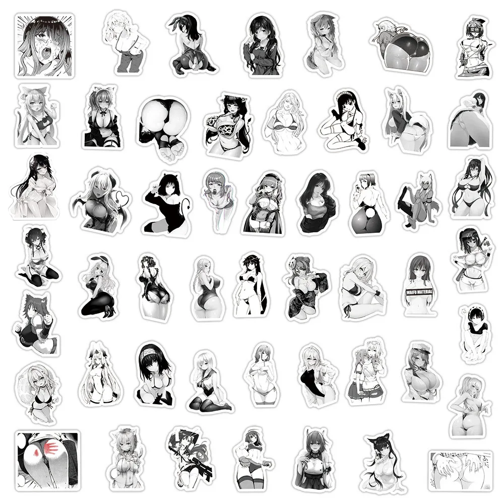 10/30/50/100pcs Cartoon Zwart Wit Sexy Waifu Anime Meisje Sticker Hentai Bunny meisjes Decals voor Volwassen DIY Helm Telefoon Notebook