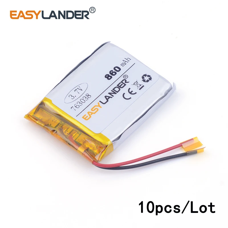 

10pcs /Lot 763038 860mah 3.7v lithium Li ion polymer rechargeable battery vehicle traveling data recorder LED speakers toys