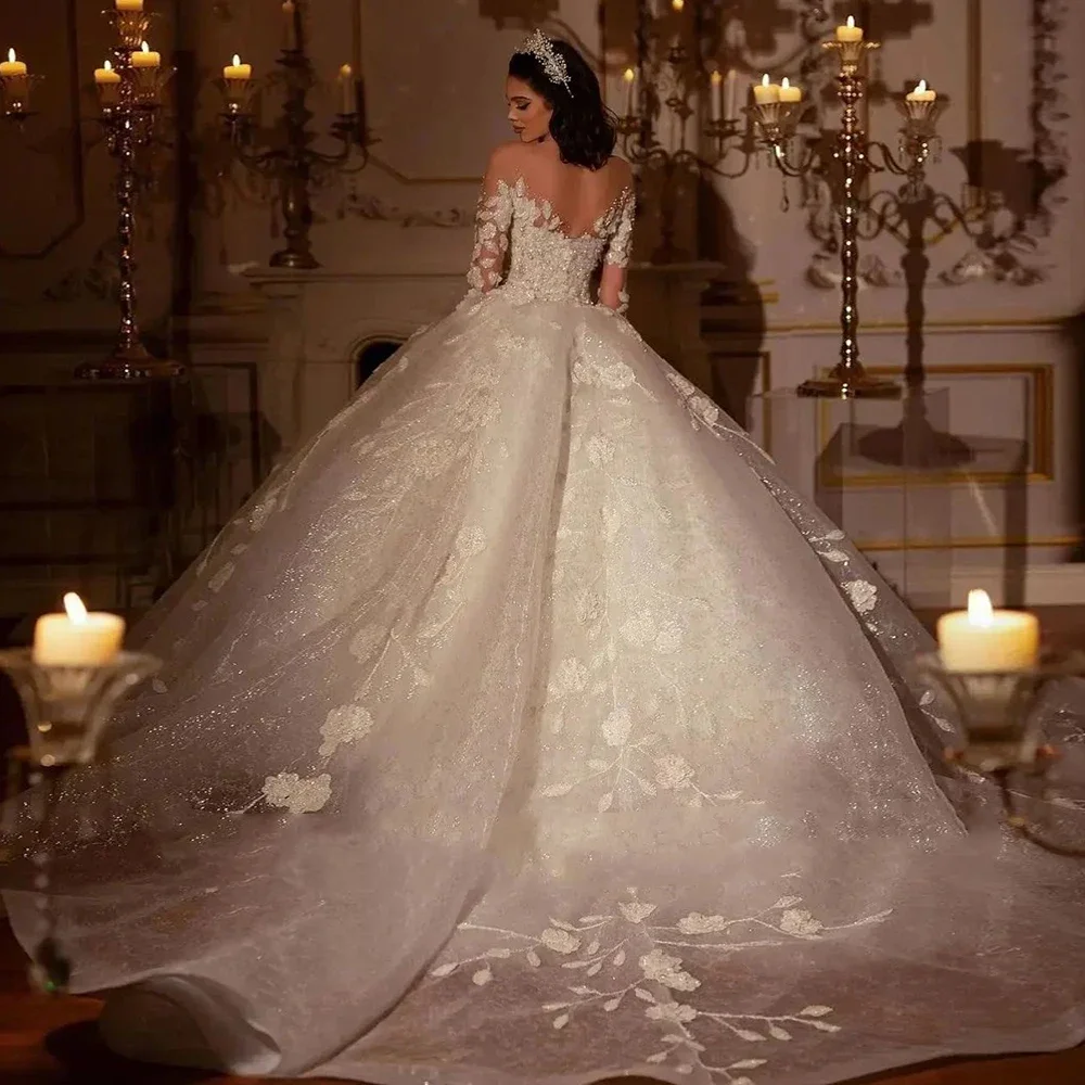 Flavinke, batas De boda personalizadas, vestido De baile De manga larga brillante, vestidos De novia con apliques De cuentas, vestido De novia Vintage De lujo