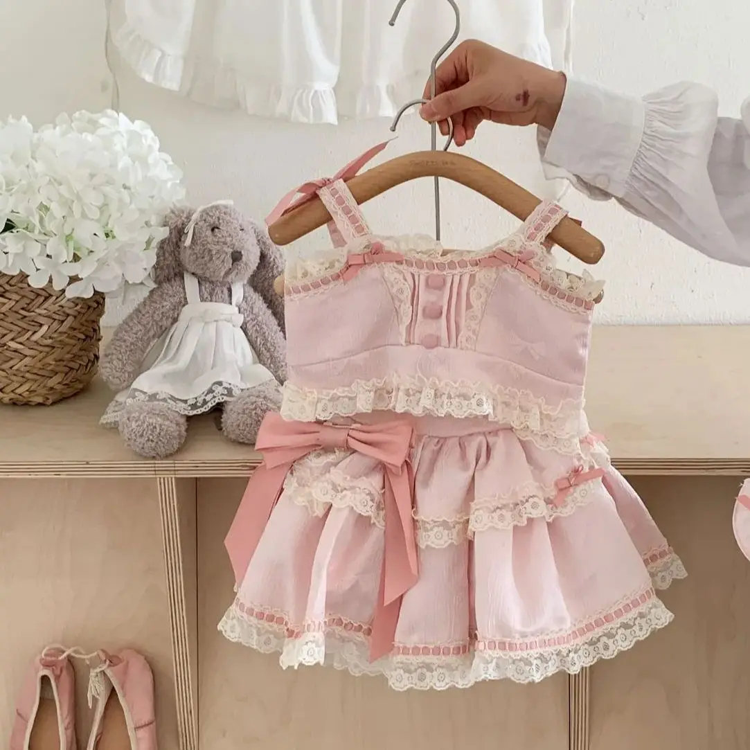 Girls Suit 2025 Summer New Childrens Clothing Korean Style Girl Baby Sweet Bowknot Halter Vest Lovely Lace Half Skirt Three Sets