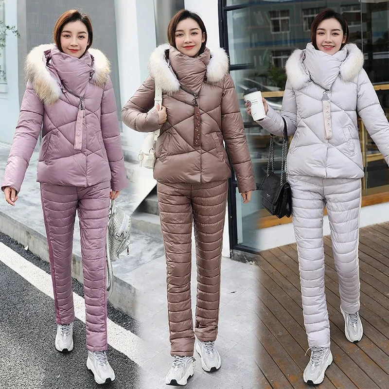 Women Winter Hiking Jacket Pants Suit Fashion Large lapel Fur Collar Warm Two piece Set Slim Outerwear Pants Coat Down Cotton