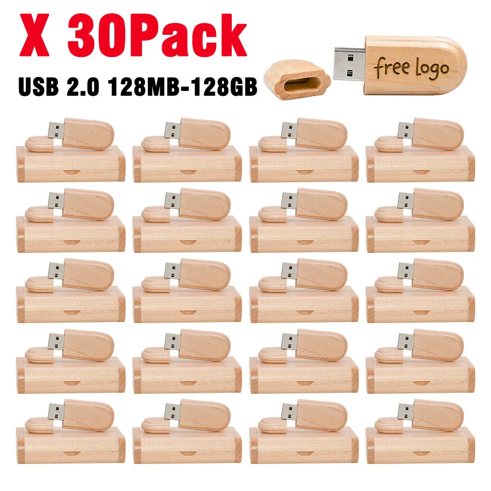 30pcs Wooden USB Pendrive USB 2.0 Flash Drive 4GB 8GB 16GB 32GB 64GB USB Stick Wedding Photography Gift Pen Drive Free Custom