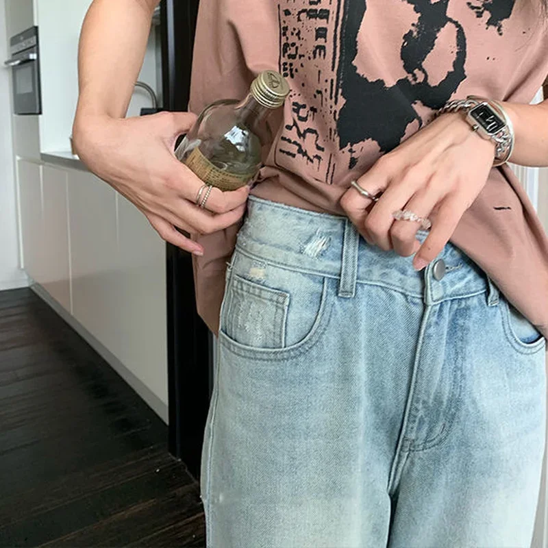 Jeans alla caviglia Donna All-match Vintage Design a vita alta Harajuku Estate Moda coreana Hip Hop Streetwear Chic Semplice Lady