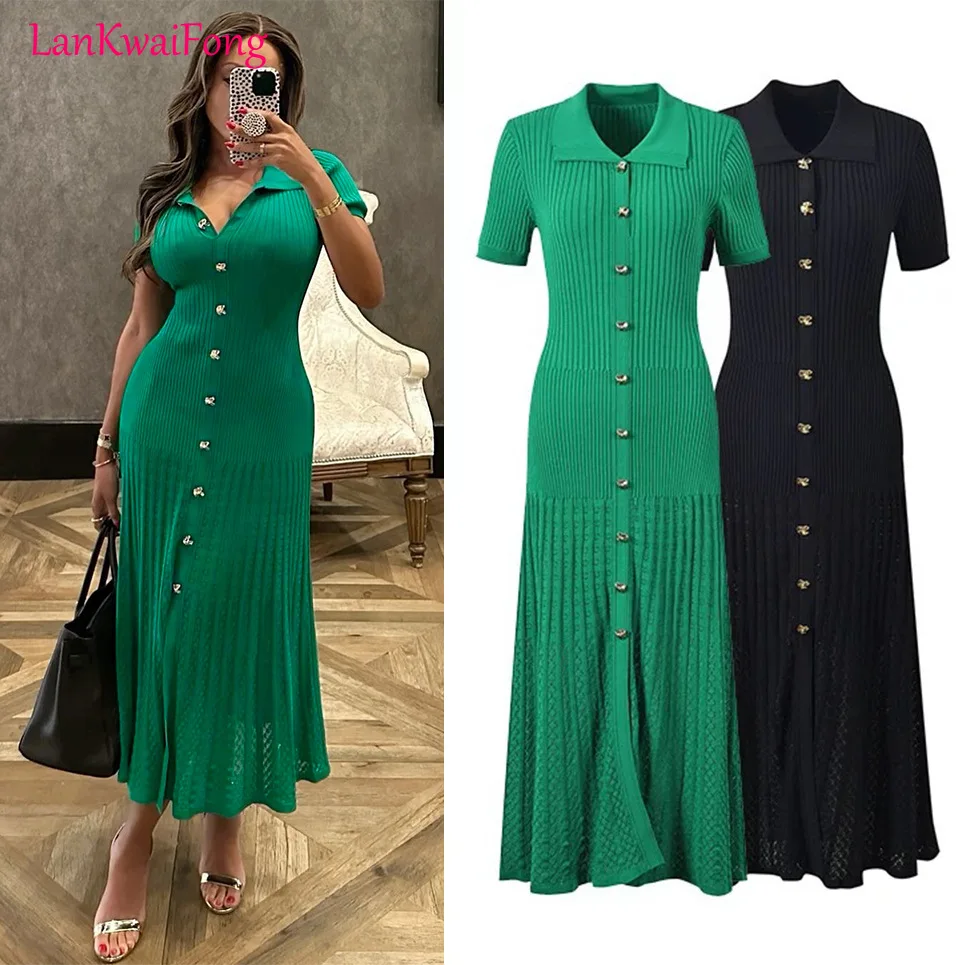 LKF Elegant Commuting Casual Dress Polo Collar Button Hole Strip Slim Fit French Short Sleeved Green Long Knit Dress