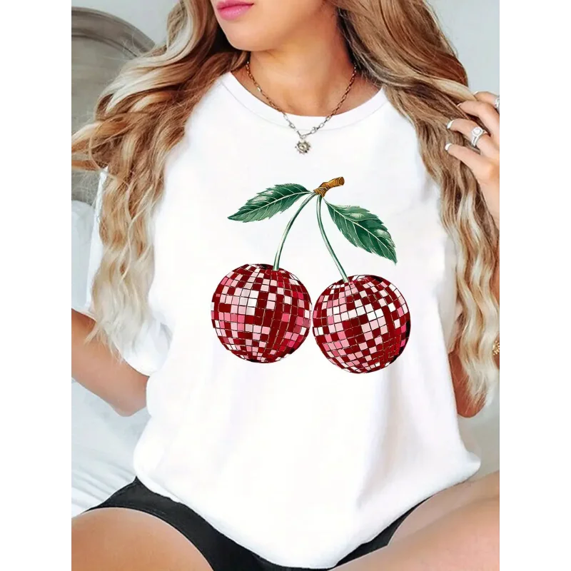 Cherry Print Round-neck Short-sleeved T-shirt Harajuku Aesthetic Graphic Top Best-selling Fashionable Summer Fashion Polyester