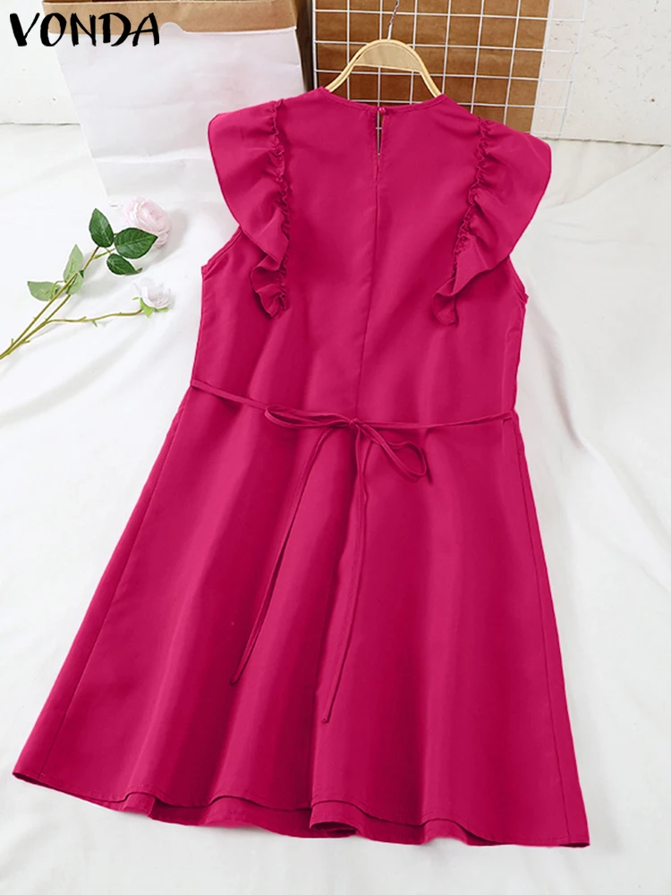 ผู้หญิงElegant Mini Dress 2024 VONDA Casualแฟชั่นแขนกุดSundress Solid Sweety Robes RuffledรอบคอVestidoขนาดใหญ่