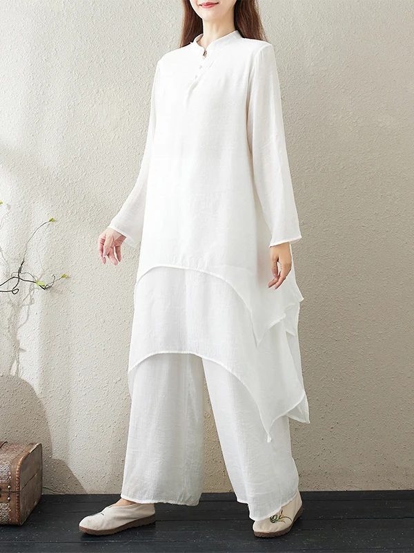 

Китайский комплект одежды для чайной церемонии Zen Sle, женский свободный костюм из хлопка и льна, длинные свеки и брюки, одежда для йоги, костюм из двух предметов