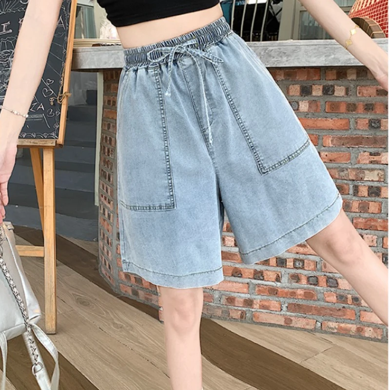 2024 Summer New Denim Pants Women Solid Color Drawstring High Waist Loose Pants Office Lady Versatile Casual Short Jeans Female