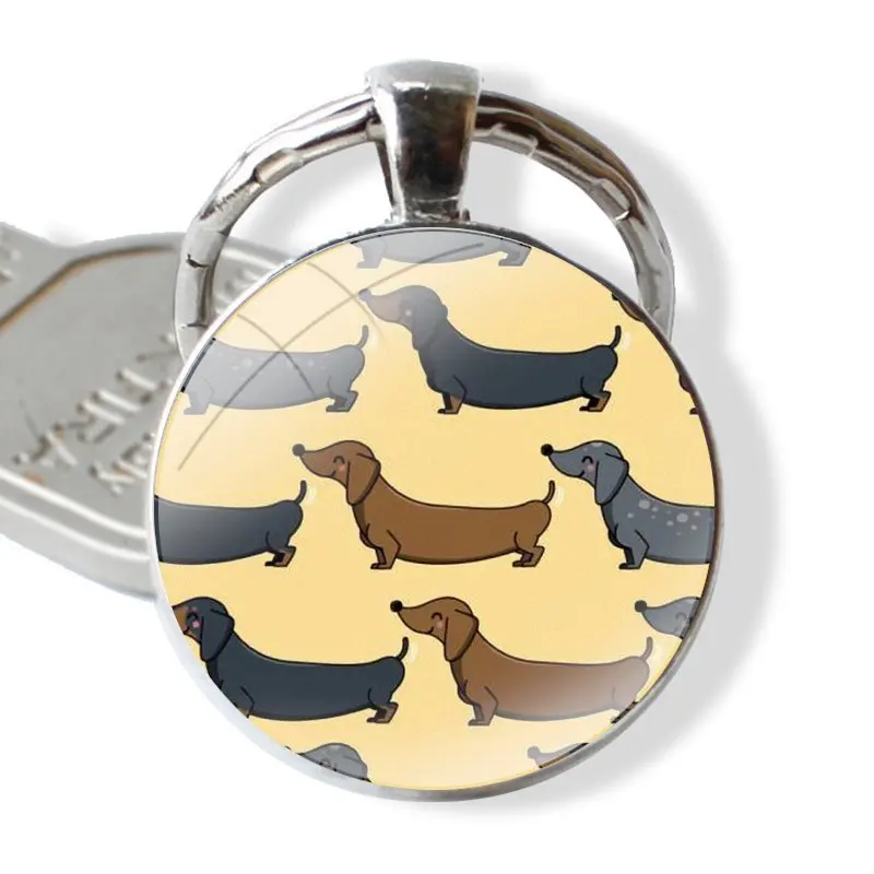 Keychain Handmade Glass Cabochon Key Ring Holder Pendant Key Chains Cute cartoon Dachshund dog