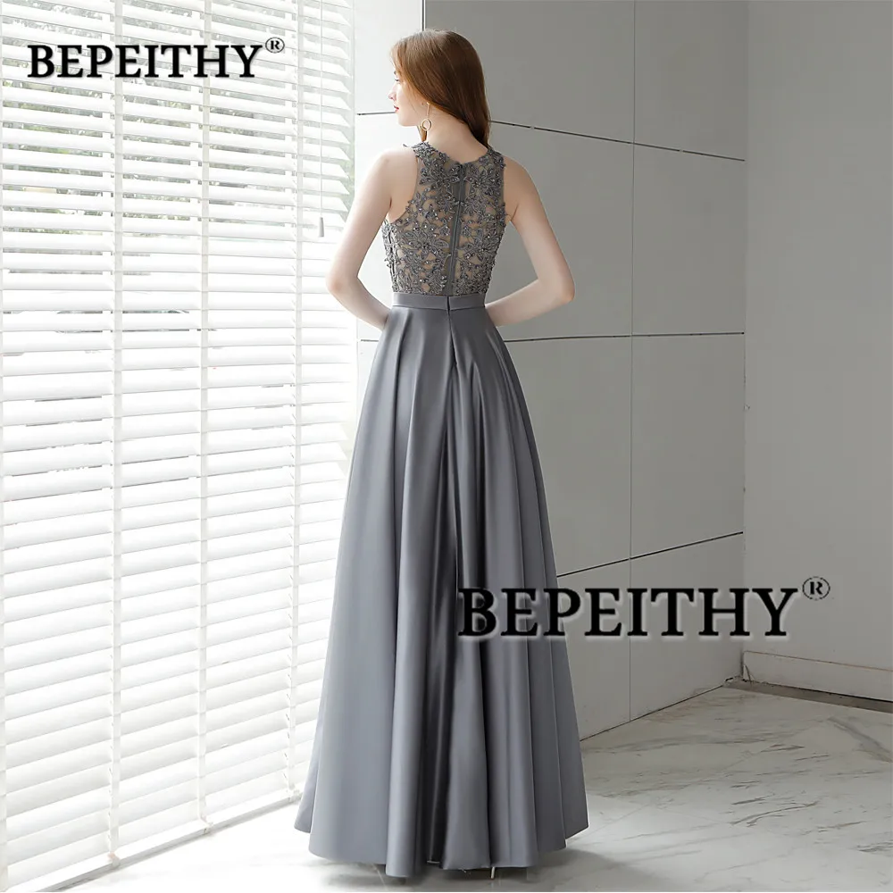 BEPEITHY Customized Gray Sleeveless Prom Dresses 2023 O Neck Lace Top Vintage Party Gowns Lace Appliques Robe De Soirée femme