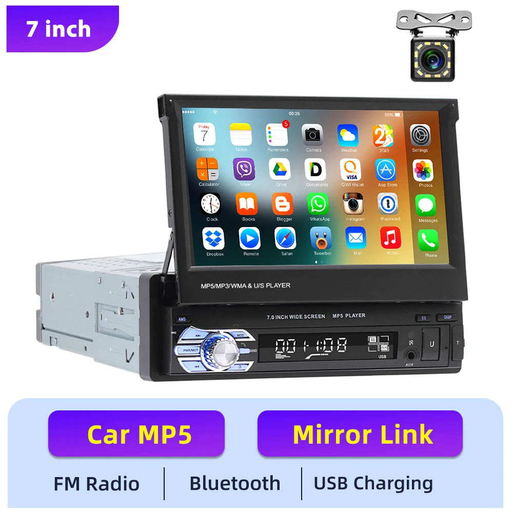 Podofo 1DIN 7 inch autoradio met intrekbaar touchscreen, Bluetooth, multimediaspeler, FM, USB, AUX-audio