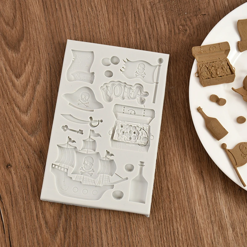 1pc Pirate Cookies Silicone Mold Pirate Ship Gold Coins Chocolate Fondant Cake Mould For Kid Birthday Halloween Party Cake Decor