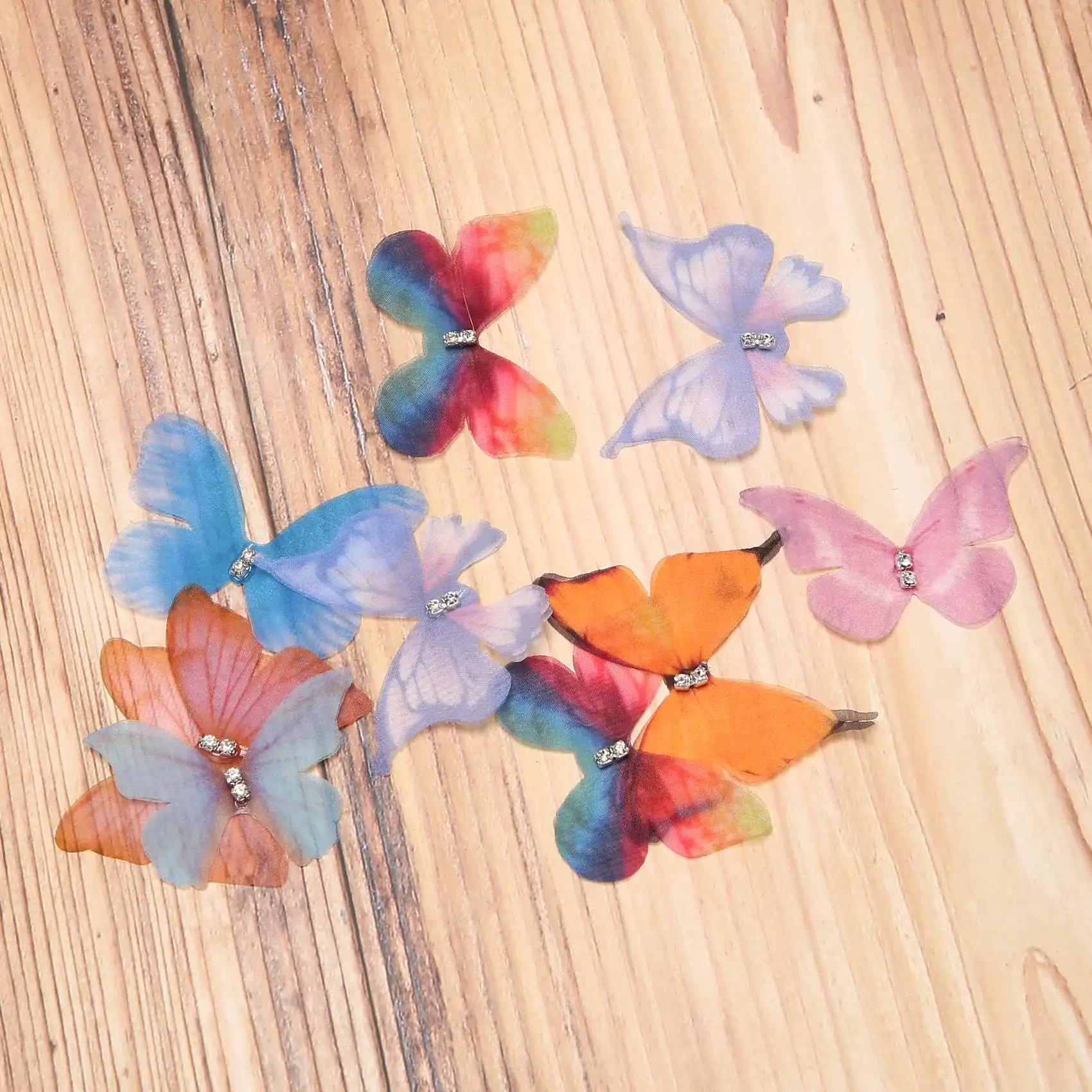 Tela de Organza de colores degradados, apliques de mariposa de gasa translúcida de 38Mm para decoración, adorno de muñeca, 50 piezas