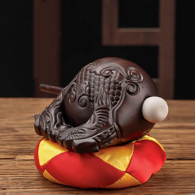 Ebony Wood Mokugyo Drum Set Hand Carved Buddhist Temple Wood Fish With Mallet Cushion Home Worship Decor