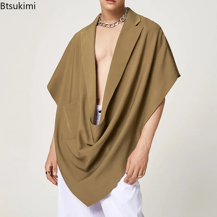 

New 2025 Men's Fashion Vests Solid Lapel Sleeveless Casual Irregular Waistcoats Pockets Loose Streetwear Men Cloak Tops S-4XL