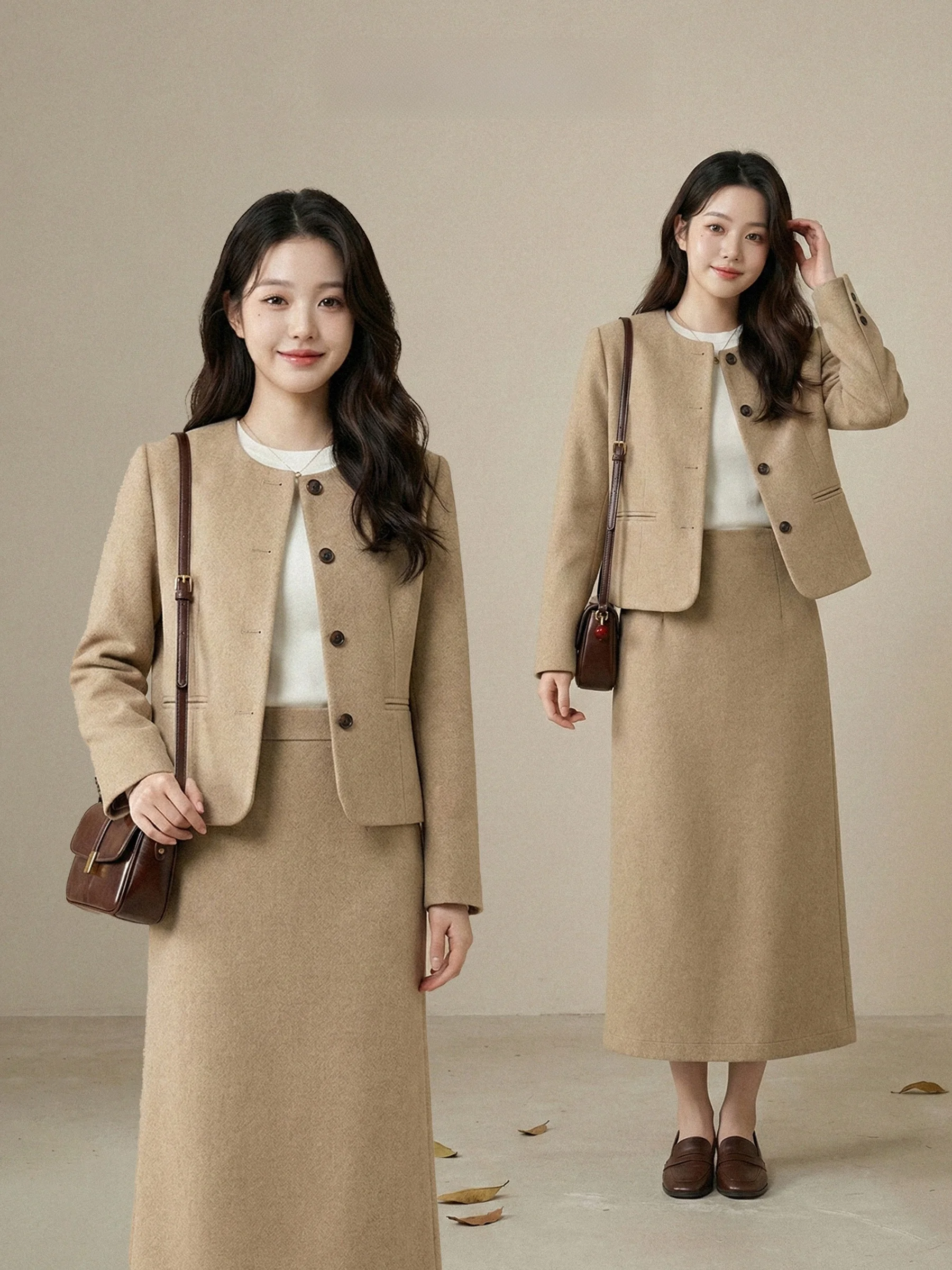 

Khaki Loose Outerwear Top And Skirt Two-Piece Set for Women Autumn Winter Faion Casual Warm Button-Up Long Sve roun...