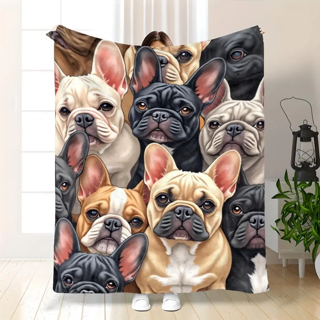 Charming French Bulldog Juggling Blanket, Featuring an Adorable Cartoon Frenchie Face. Made from Soft Polyester Flannel, This Bl