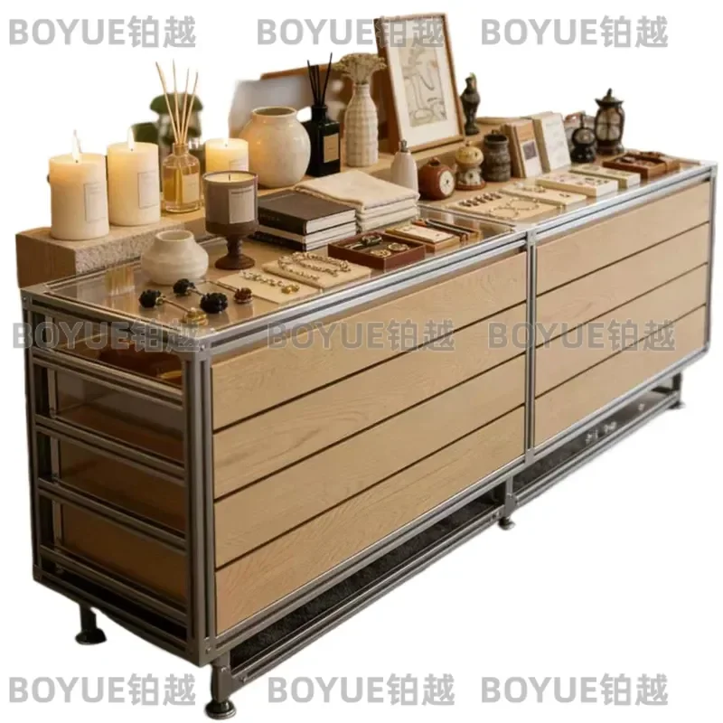 Aluminum Profile Jewelry Display Stand with Drawer Storage Locker for Shopping Mall Showcase Ocean Panel Design Retail