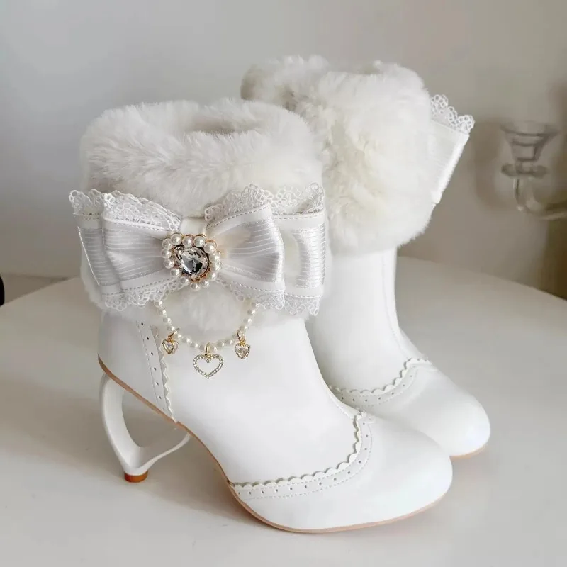 

Woman Boots Sweet Bowknot Lolita High Heel Booties Plush Warm Winter Boots for Women Designer Boot Sweet Cute Women Ankle Boots