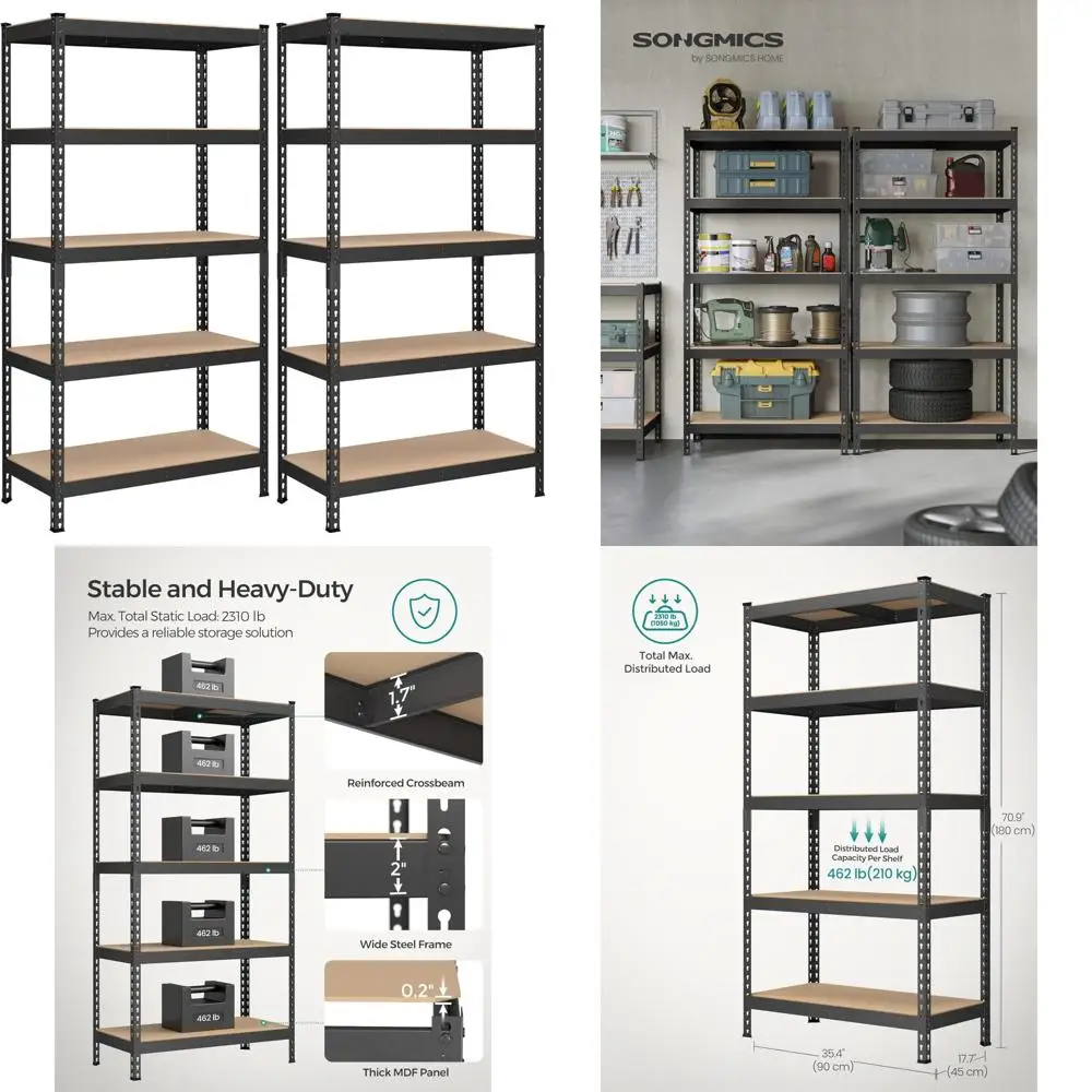 

5-уровневые сверхмощные полки для хранения, вместимость 2310 фунтов, набор из 2 шт. для гаража, без болтов в сборе, регулируемые полки, 17,7 x 35,4 дюйма