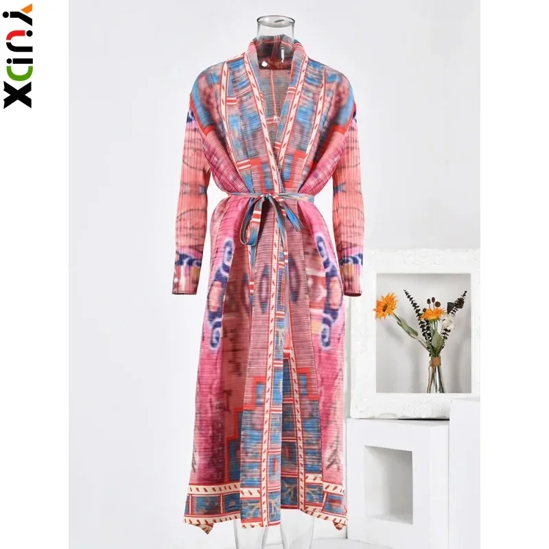 YUDX Miyake Retro Pleated Trench Coat For Women Long Sleeves Printing Open Stitch Coats Casual Outdoor Clothing 2024 New