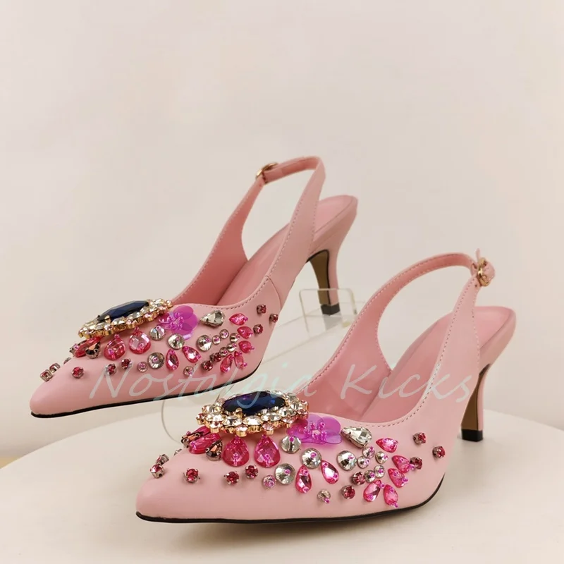 2024, розовые сверкающие сандалии со стразами и острым носком, вечерние модельные туфли на высоком каблуке-шпильке с открытой пяткой, элегантная пикантная женская обувь