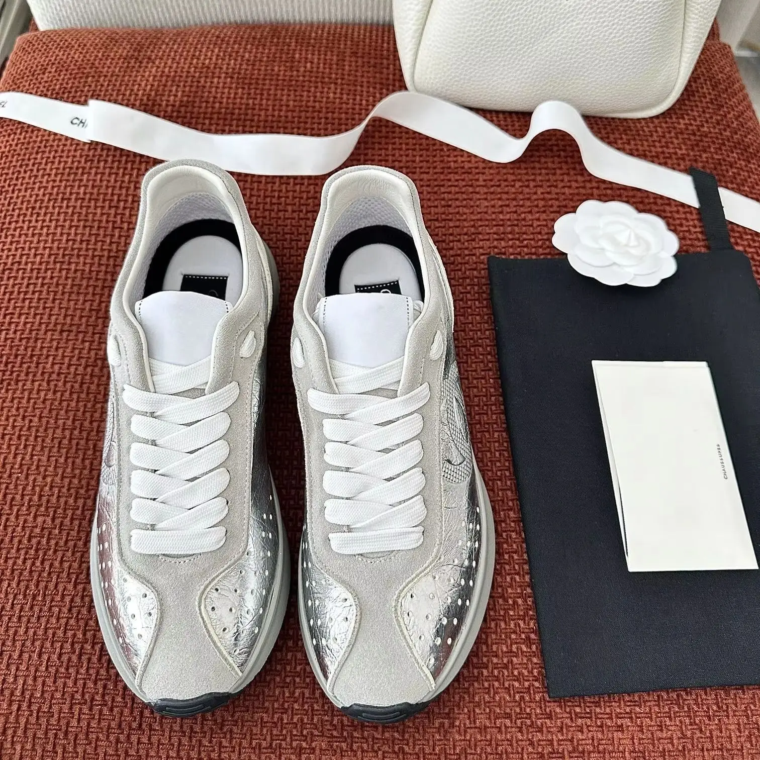 Unisex Silver Grey Suede Perforated Sneakers Lace Up Thick Sole Casual Fashion Trainers for Men Women