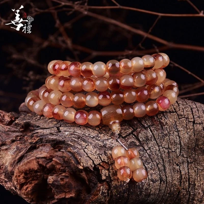 Natural Blood-Colored Horn Bead Bracelet, 108 Tibetan Buddhist Beads