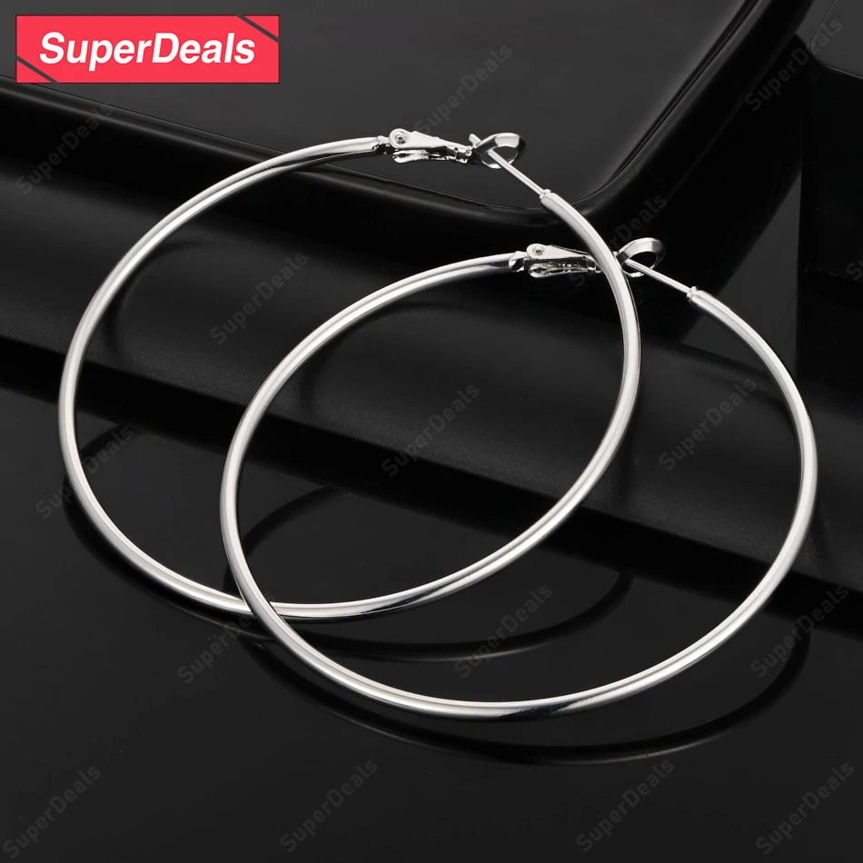 

SuperDeals 50/60/70/80mm 925 Sterling Silver Smooth Big Circle Hoop Earrings Women Fashion Fine Elegant Jewelry Party High Gift