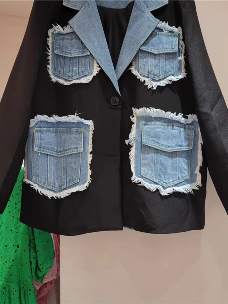 CHICEVER-Blazer en denim patchwork pour femme, col cranté, manches longues, Hit Document At, ourlet brut, vêtements féminins, automne, nouveau