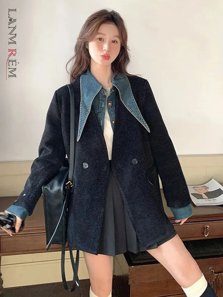 LANMREM Denin Spliced Design Blazer Women Lapel Contrast Color Double Breasted Coat Streetwear 2025 Spring New Clothing 2VV138