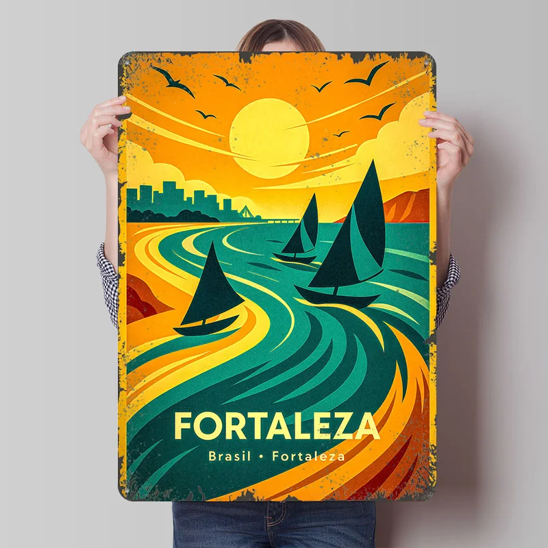 Pôster de Viagem Fortaleza Brasil, Arte de Parede Personalizada, Placas de Metal Vintage, Placa de Lata Retrô para Decoração de Casa e Espaços Masculinos