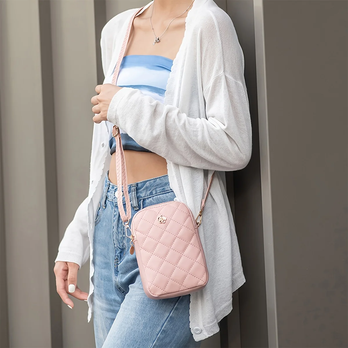 Pink Vertical Phone Bag, Korean Style, Versatile and Simple Single-Shoulder Bag, Crossbody Bag, Summer Small Square Bag, One Set