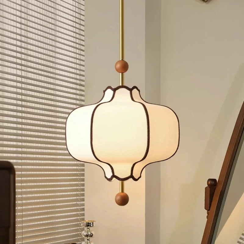 French Retro White Fabric LED Ceiling Pendant Lights Wooden Ball Hanging Lamps Living Room Bedroom Restaurant Kitchen Chandelier