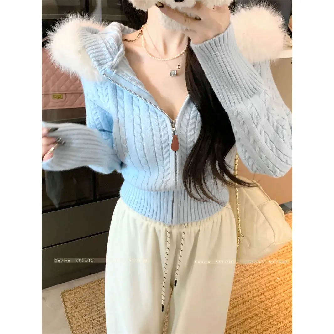 

Cropped Cable Knit Cardigan 2025 Women Zip Up Faux Fur Hooded Short Elegant Soft Touch Fall Everyday Outerwear