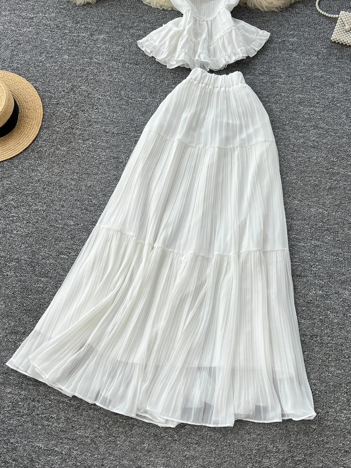 

Белый летний комплект Vaion, женский кружевной топ Pure Desire с застежкой на талии, шифоновая юбка в стиле феи