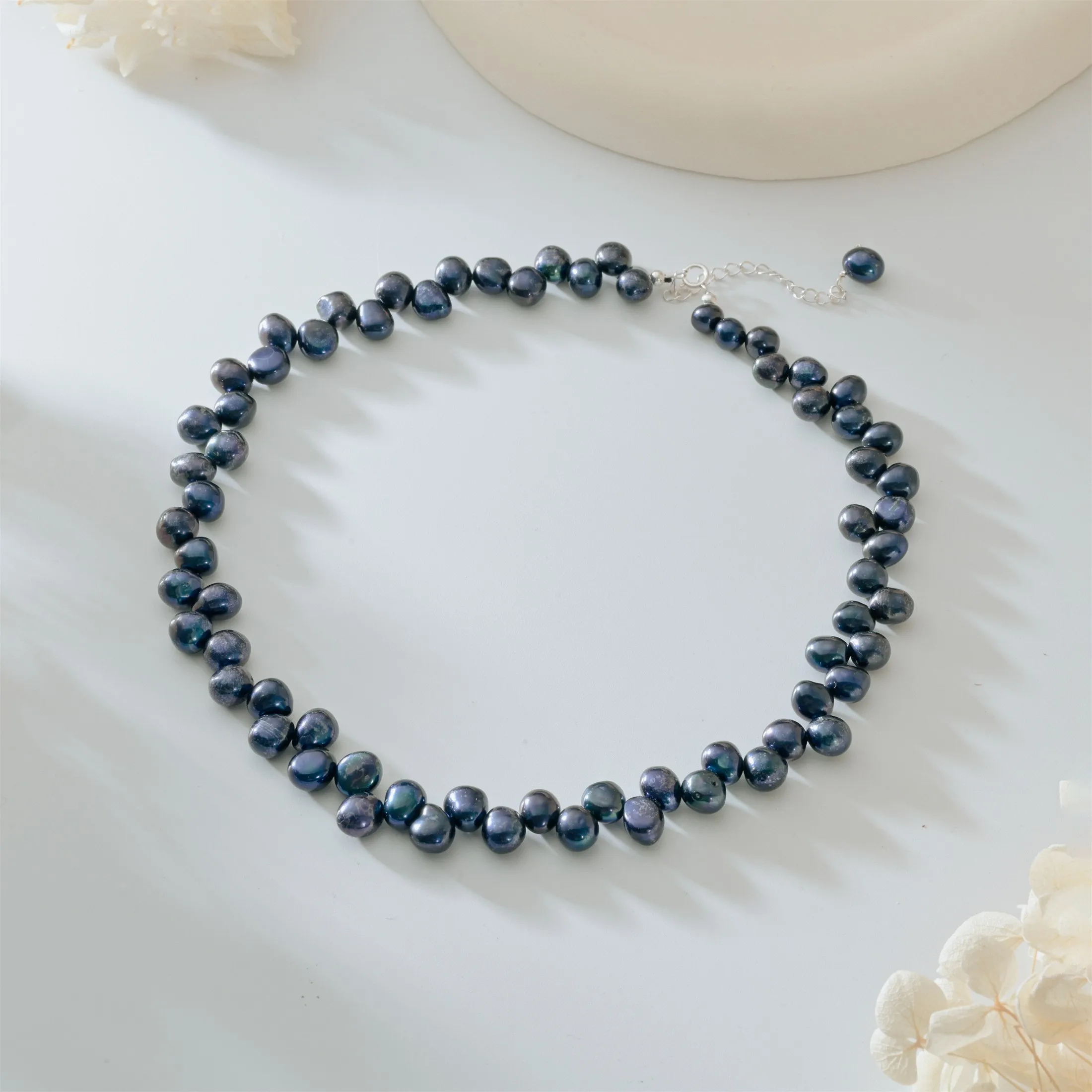 HENGSHENG 925 Sterling Silver Freshwater 6-7mm Interleaved Baroque Black Pearl Necklace Fine Trendy Jewelry Gift for Women Girls