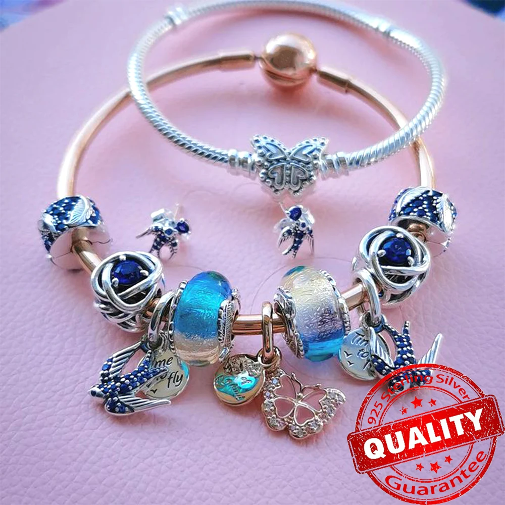 Abalorio romántico de plata de ley S925, cristal de Murano multicolor y pluma curva, apto para pulsera de momento, collar DIY, cuentas de joyería