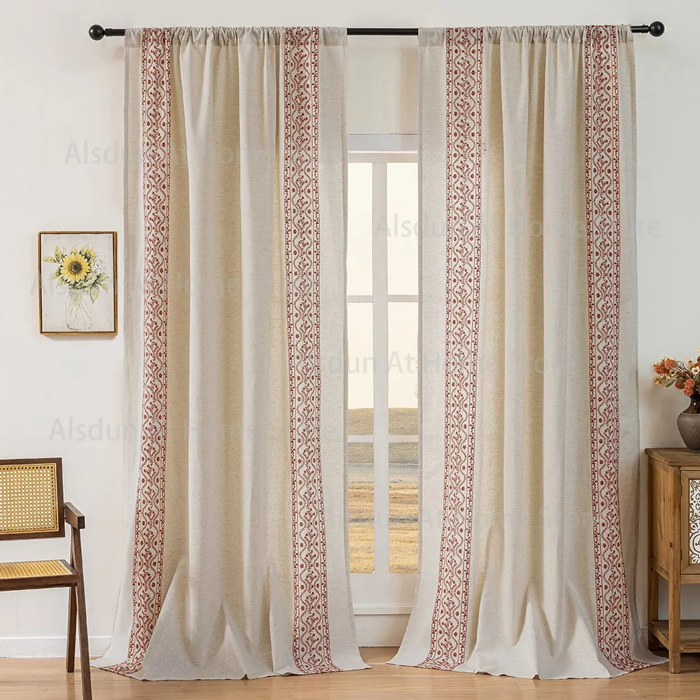 Curtains for Living Room Bohomian Embroidery Curtain 2 Panels Cotton Line Window Drapes Home Interior Curtains Semi Blackout