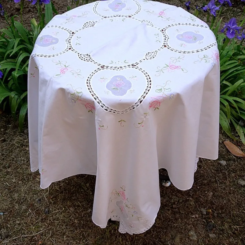 

Pure cotton small machine embroidery flower handmade table runner craft art retro cotton fabric Round 120CM