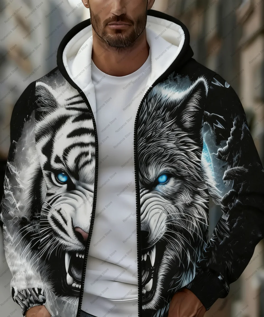 

Men's Tiger Print Zip-Up Hoodie Full-Zip Sportswear with Black White Animal Autumn and winter Pattern Hoodie Men Women's Hoodie