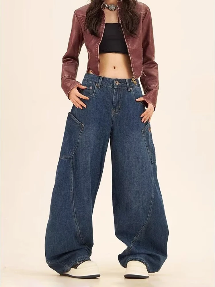 HOUZHOU Baggy Cargo Jeans Women Denim Pants Female Harajuku Pocket High Waist Loose Casual Trousers Autumn Y2K Vintage Clothes