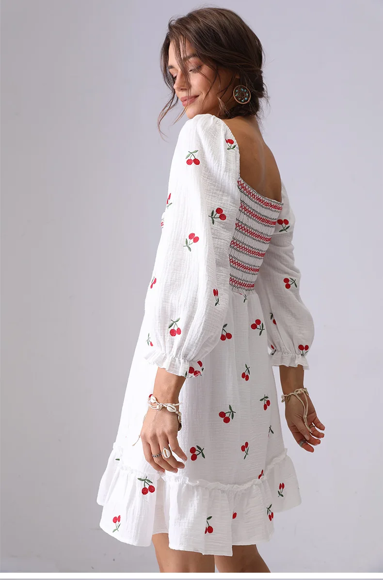 2025 Spring And Summer Short Women's Dress Cute Cherry Embroidery Dresses Square Neck Long Sleeve Boho Holiday Mini Dress