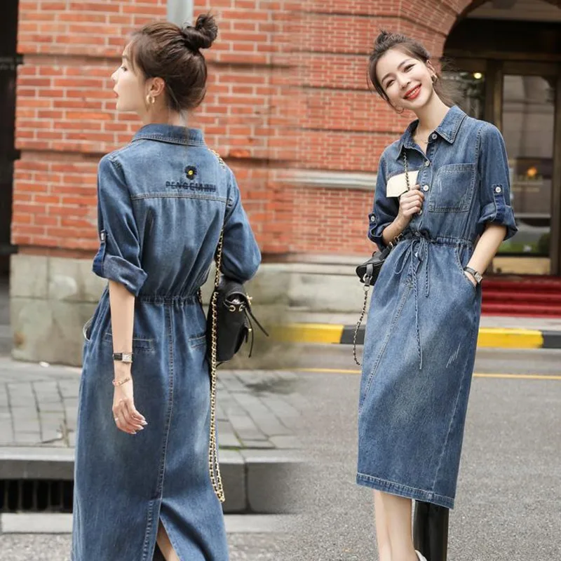 Long Sleeved Denim Dress For Women Turn-down  Collar Jeans Dresses Ladies Office Loose Summer Autumn Dress Vestido Femininos