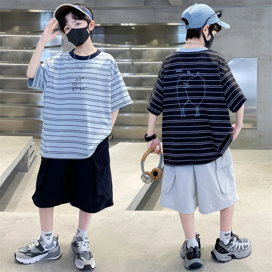 

2026 Kids Top and Bottom Clothes Summer Set For Tweens Boys Casual Striped Tracksuit Outfit Children Cargo Clothing 2PCS Suit