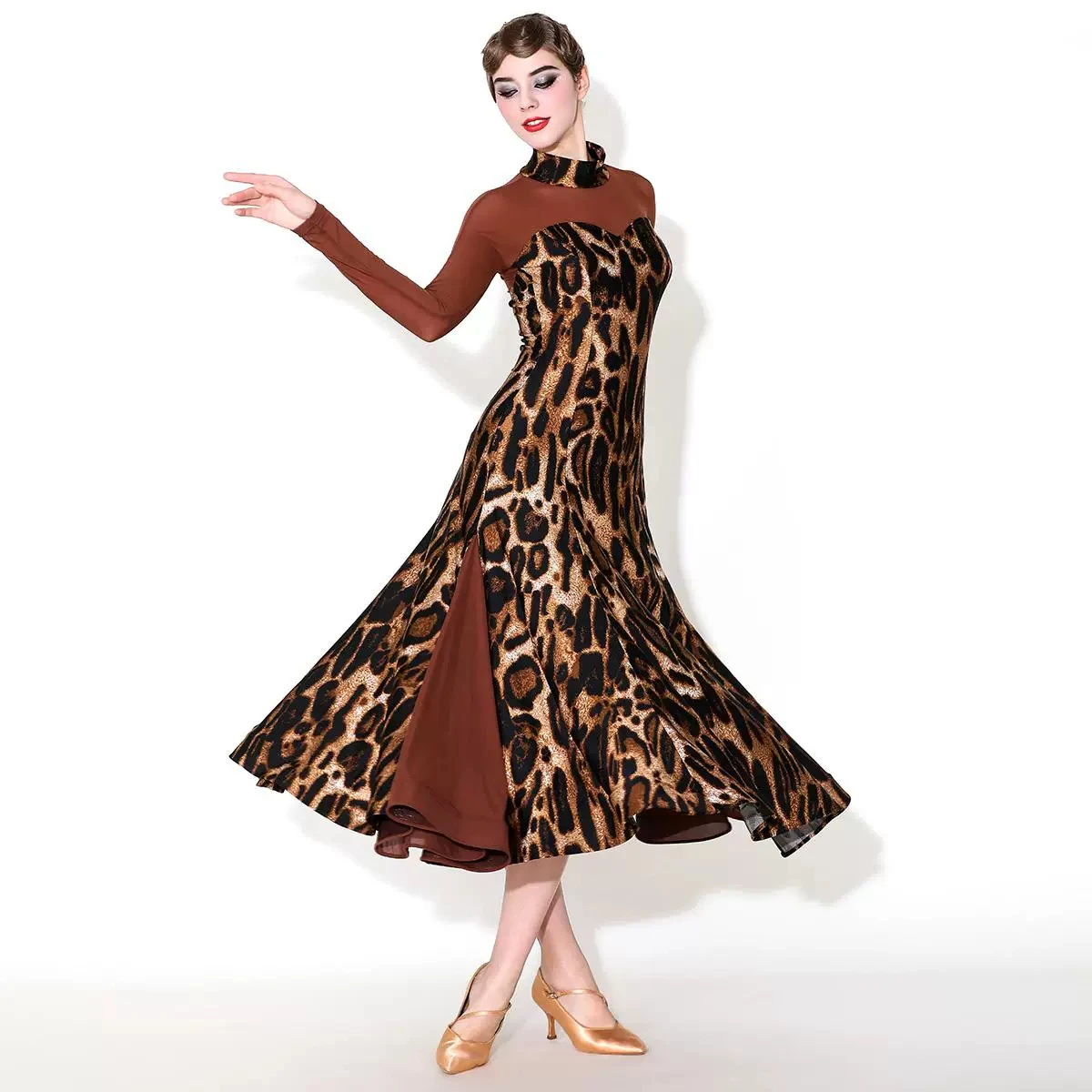 High neck long sleeve big swing dance long dress with classic leopard print on skirt, suitable for ballroom dance practice and s