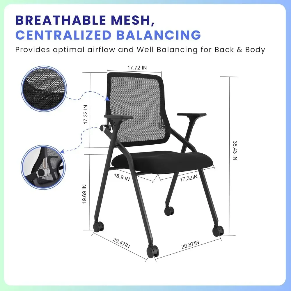 Stackable & Foldable Conference Room Chairs with 2X Thick Cushion, Lumbar Support, Armrest - Mesh Bouncing Back