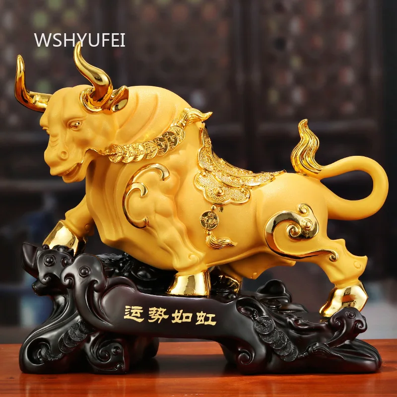 Golden Bull Resin Crafts Living Room Cow Ornament Matte Gold Mascot Decoration Chinese Style Foyer Home Decoration Give A Gift