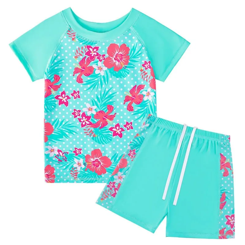 2PCS Fashion Swimming T-shirts Shorts Sets for Kids Girls Summer Cooling UV Protection Short Sleeves Top Shorts Set for Children