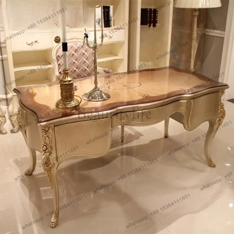 Luxury European study furniture, large solid wood carving flower writing desk, French home desk